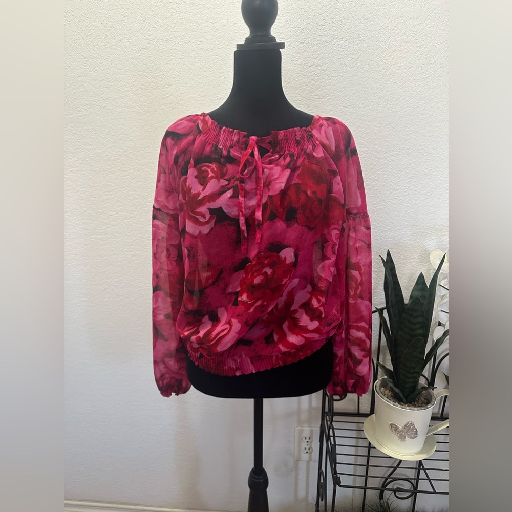 Vintage Lauren Hancock Floral Chiffon Blouse Pink Drawstring Neckline Long Med